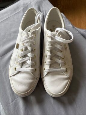 Keds White Leather Low-Top Sneakers with Gold Eyelets